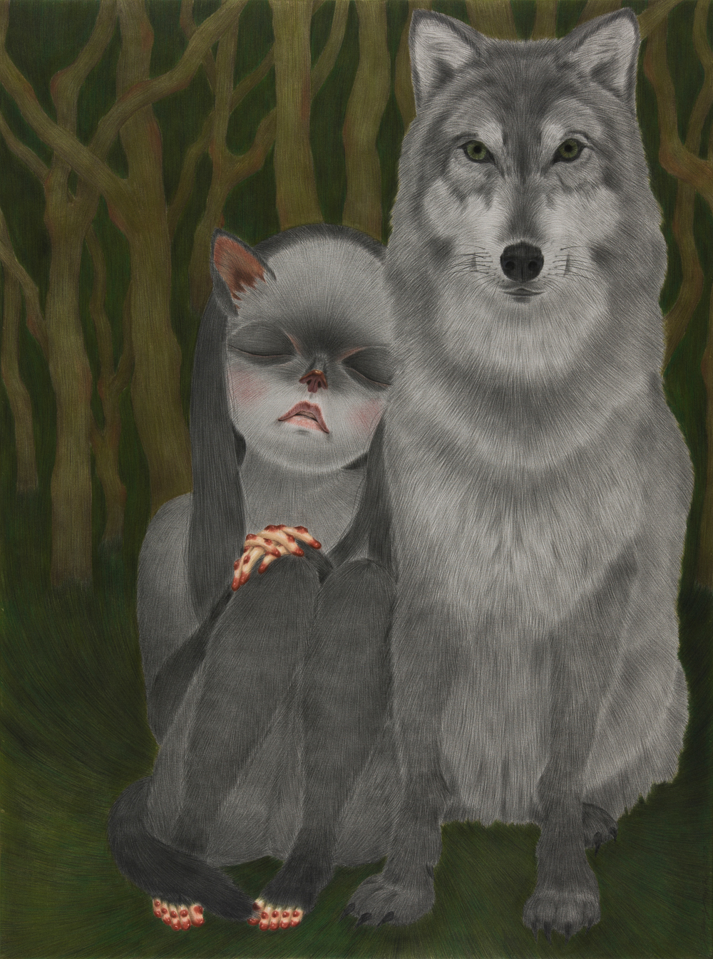 [13p1709] the wolf and an old child_conte on daimaru_130.3×97_2013.jpg